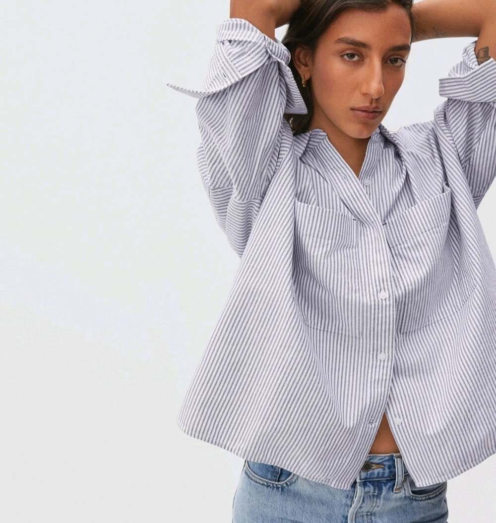 Everlane The Boxy Oxford Long Sleeve Blue-Grey Stripe Large 100% Organic Cotton